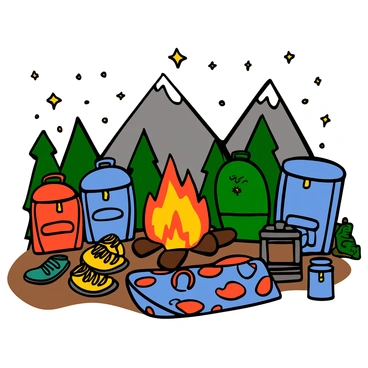A campfire surrounded by hiking gear neatly arranged around it. The fire is crackling with bright orange flames, sending sparks into the night sky. There are a variety of colorful backpacks in red, blue, and green positioned on the ground. Several pairs of sturdy hiking boots are placed neatly beside the backpacks. A sleeping bag in a vibrant pattern is spread out nearby, alongside a small portable cooking stove with a pot resting on top. The background shows silhouettes of trees and mountains under a starry sky, creating an atmosphere of adventure and relaxation after a long day's trek.