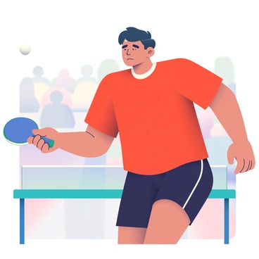A focused table tennis player with dark hair is captured mid-action, poised to strike the ball. He is wearing a bright red athletic shirt and black shorts, showcasing his toned physique. His eyes are locked on a white table tennis ball heading toward him, and his right hand grips a paddle with a blue handle. The background features a blurred table tennis table and audience, emphasizing the player's concentration and movement. His muscles are tense, reflecting the intensity of the match, and sweat glistens on his forehead.