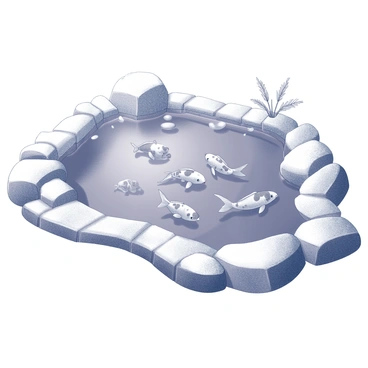 A koi pond partially frozen over with a thin layer of ice covering the surface. Underneath the ice, several koi fish are swimming, their shapes and movements visible through the translucent ice. The pond's edges are framed by rocks and patches of snow, giving a sense of the cold environment. The water is still, reflecting the frosty surroundings, while the koi display their distinctive patterns. Some plants are visible along the edges, slightly bent under the weight of the ice and snow.