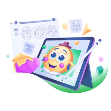 A digital tablet displaying a cartoon character in the process of being animated. The character is colorful and expressive, with large, bright eyes and a playful smile. Surrounding the tablet are various sketches of the character in different poses, showcasing the animation frames. There are vibrant color palettes scattered around, including shades of blue, yellow, and pink. Additionally, a stylus is resting beside the tablet, indicating the ongoing creative process.