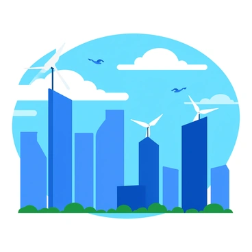 A modern city skyline with tall, sleek skyscrapers made of glass and steel. Each building features integrated wind turbines atop their roofs, spinning gently in the wind. The skyline is partially illuminated by soft, ambient lighting from the buildings. The sky is a vibrant blue with fluffy white clouds. A few birds can be seen flying in the distance, adding life to the scene.