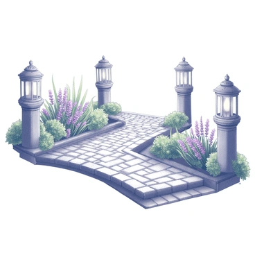 A winding garden path made of cobblestones leads through a lush garden. The path is bordered by intricately designed stone lanterns, each featuring unique carvings. Various types of flowers bloom vibrantly along the edges of the walkway, showcasing a mix of shapes and sizes. The plants are arranged thoughtfully, creating a picturesque and inviting atmosphere.