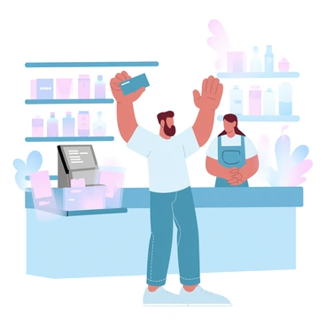 A person is standing at a store checkout counter, holding up a loyalty card with both hands. The person is dressed in casual attire, wearing a t-shirt and jeans. The checkout counter is adorned with various products, including colorful packaging and promotional items. Behind the counter, a cashier is scanning items, focused on the task. The store has shelves filled with merchandise visible in the background, creating a vibrant shopping atmosphere.