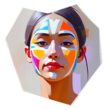 A close-up of a human face showcasing elaborate cultural face paint patterns. The face has a smooth complexion, with bold colors such as deep red, bright yellow, and rich blue artfully applied in intricate geometric and flowing designs. The surrounding eyes are accentuated with darker outlines, enhancing their expressiveness. The lips are painted in a vivid shade that complements the patterns. The background is softly blurred to keep the focus on the face and the intricate details of the paint, which symbolize cultural significance.