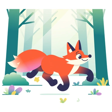 A playful ember fox with a deep orange coat and a bushy, fiery tail is dashing through a dense forest. The fox's ears are perked up, and its eyes sparkle with excitement as it navigates between the tall green trees. Sunlight filters through the leaves, casting dappled shadows on the forest floor, which is dotted with vibrant wildflowers in shades of purple and yellow. The fox leaves a trail of rustling leaves in its wake, showcasing its energetic movement.