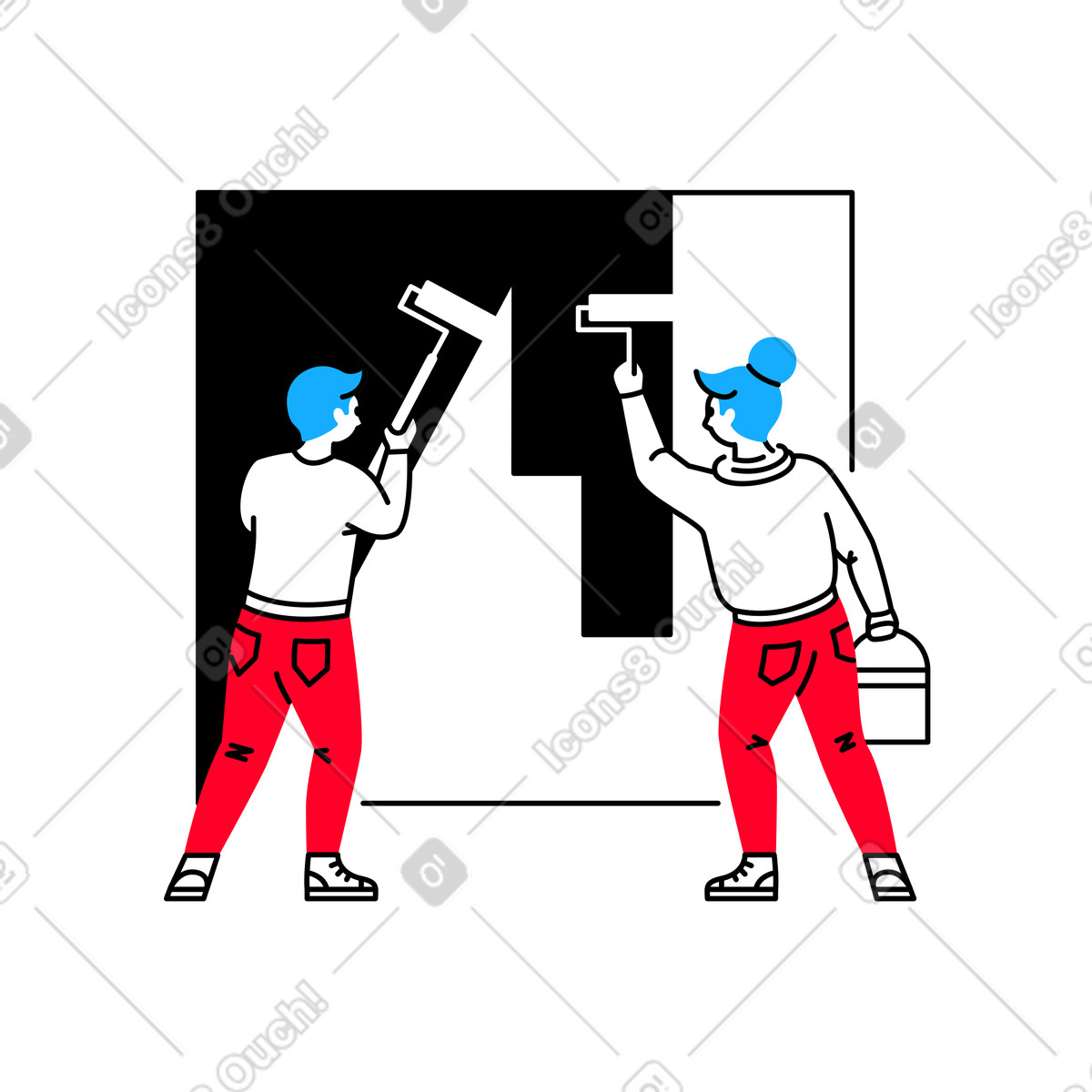Painters painting wall with rollers, Creative process and renovation animated illustration in Transistor style download in GIF, Lottie (JSON), AE