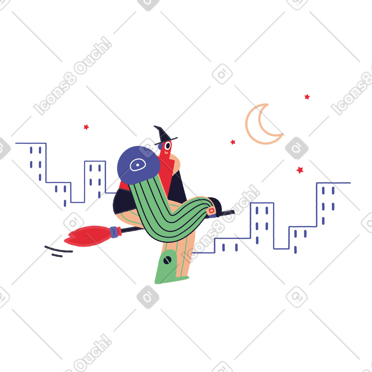 Ilustração de Bruxa robô voando na vassoura em no estilo Stripy para baixar em PNG, SVG