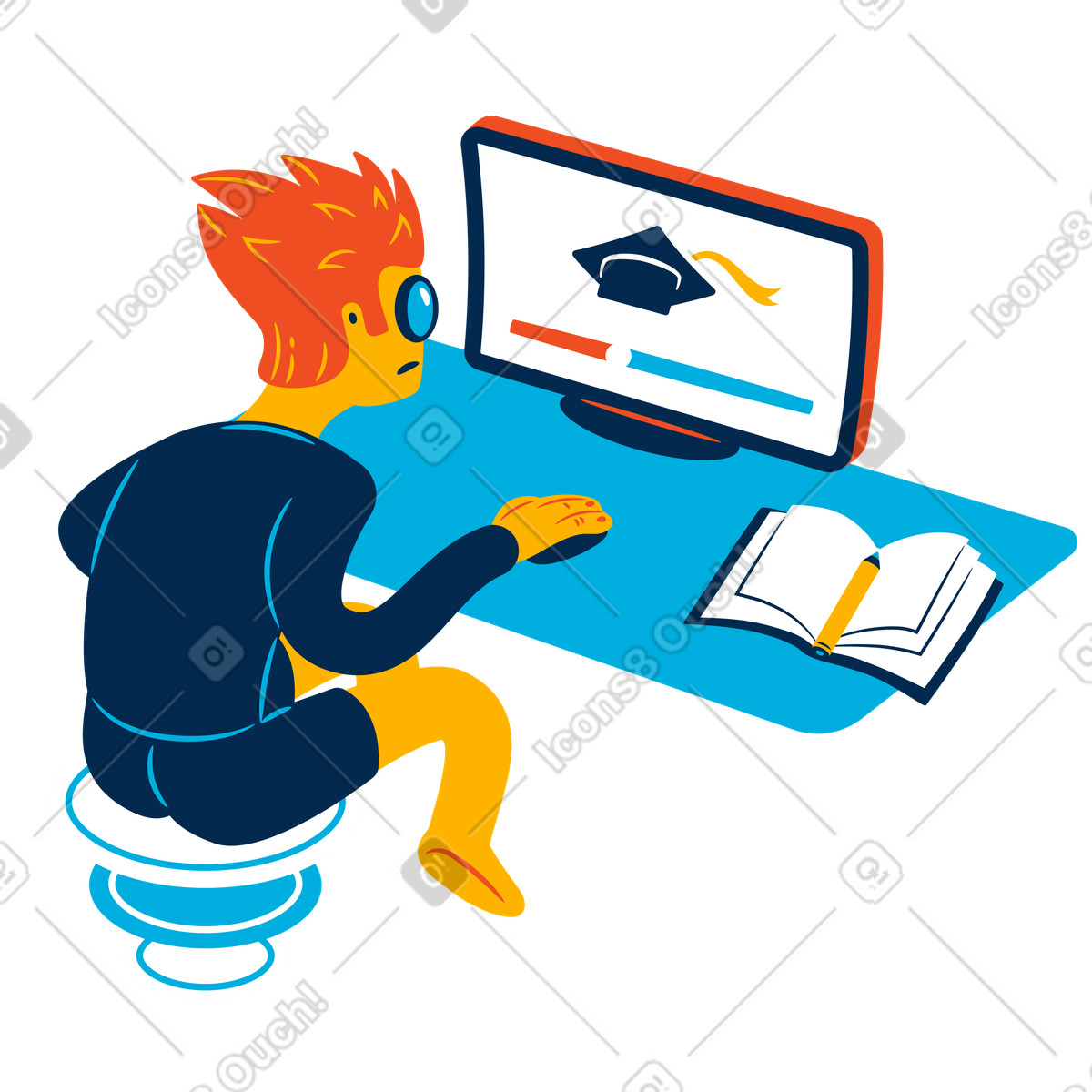 Young man at computer learning online illustration in Flame style download in PNG, SVG