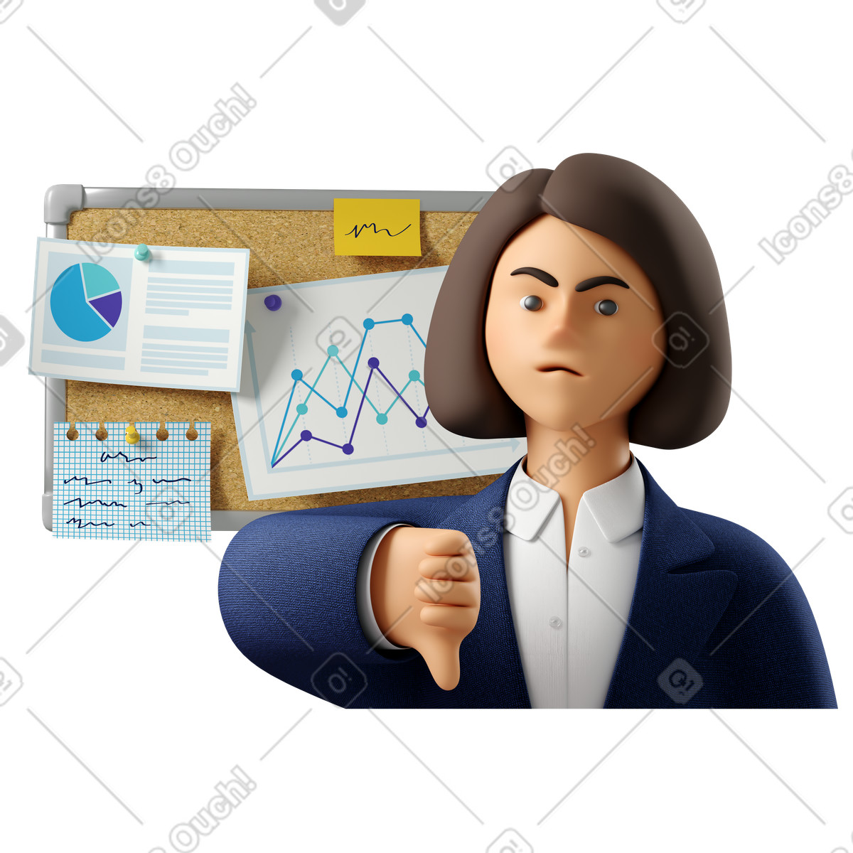 Illustration Femme d'affaires montrant les pouces vers le bas pour un mauvais travail dans style 3D Business à télécharger aux formats PNG, SVG