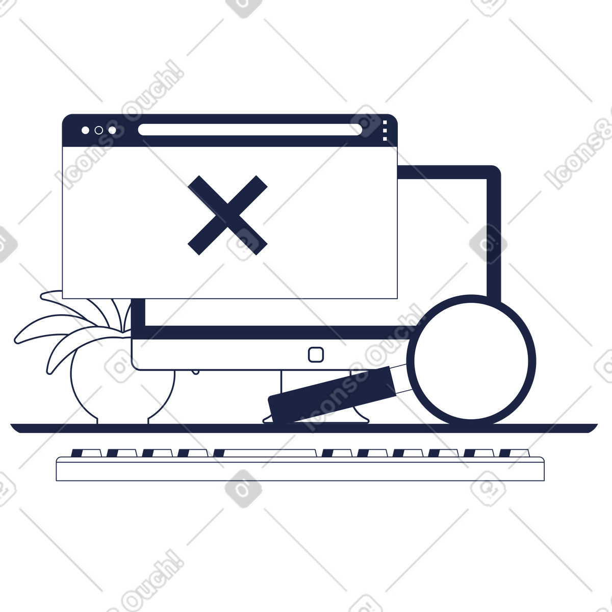 Monitor with error window and magnifying glass, Information not found failed search illustration in Urban Line style download in PNG, SVG