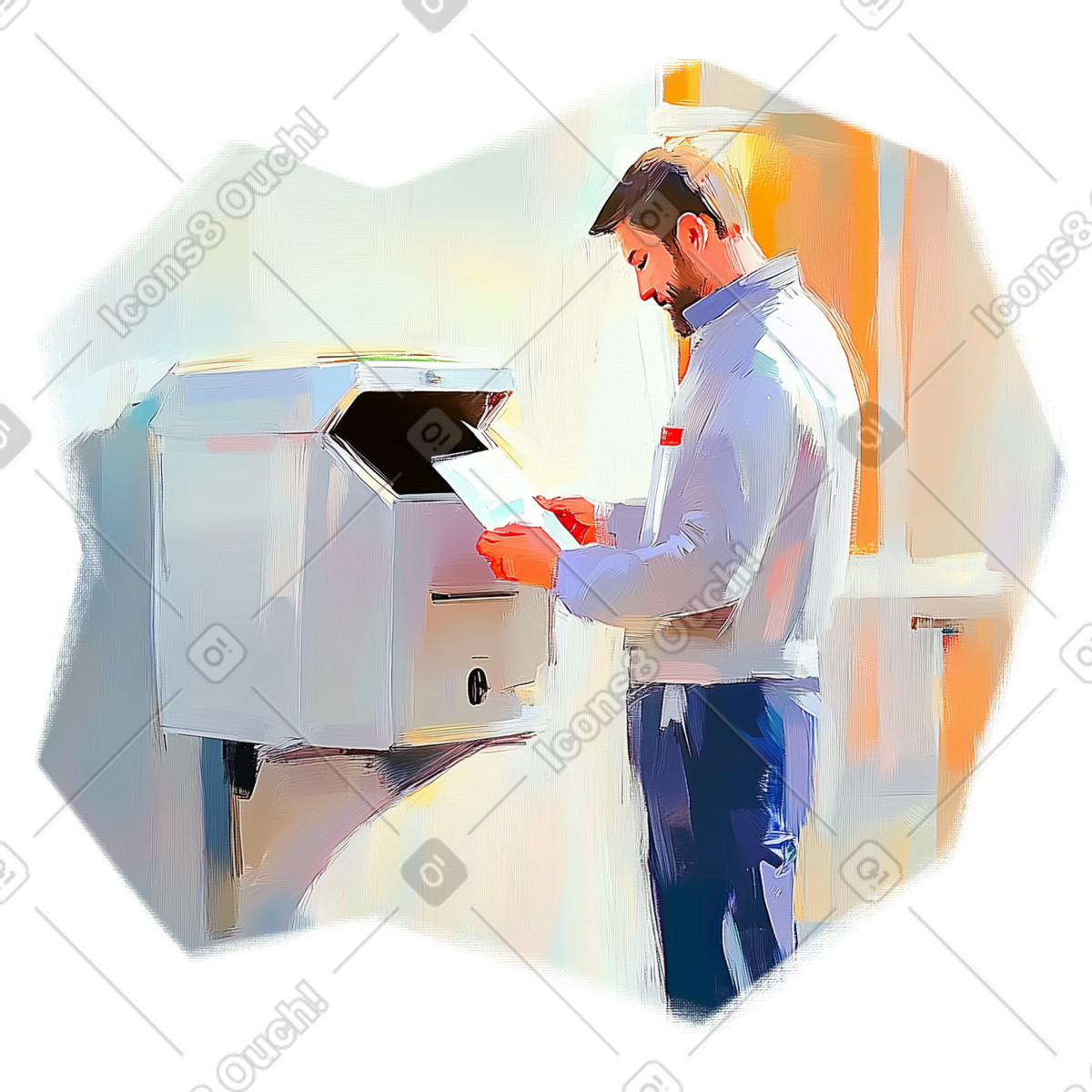 Oil painting of man taking letter out mailbox illustration in Pictorial style download in PNG, SVG