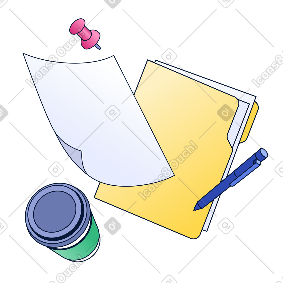 Documents with stationery and coffee to go, Office workspace essentials illustration in PNG, SVG