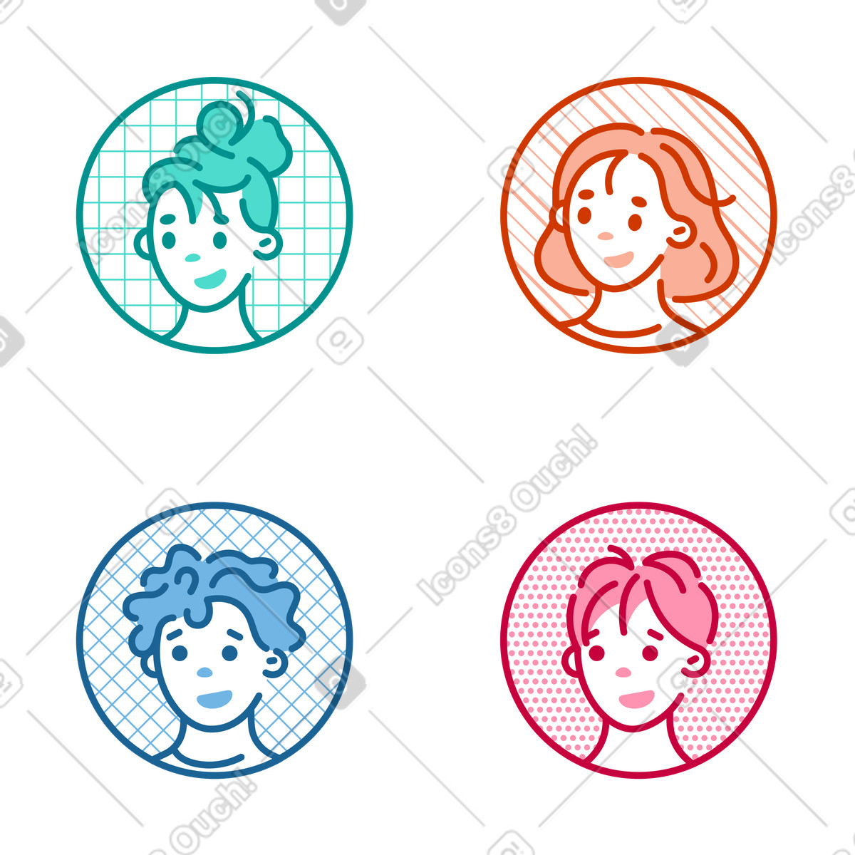 Natty 스타일의 Colorful profile pictures set, User avatars of community members 일러스트레이션 PNG, SVG 다운로드
