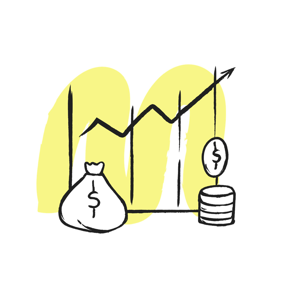 Ilustración Money bag and coins with rising line chart, Compound interest growth investing en estilo Pixeltrue icons a descargar en PNG y SVG