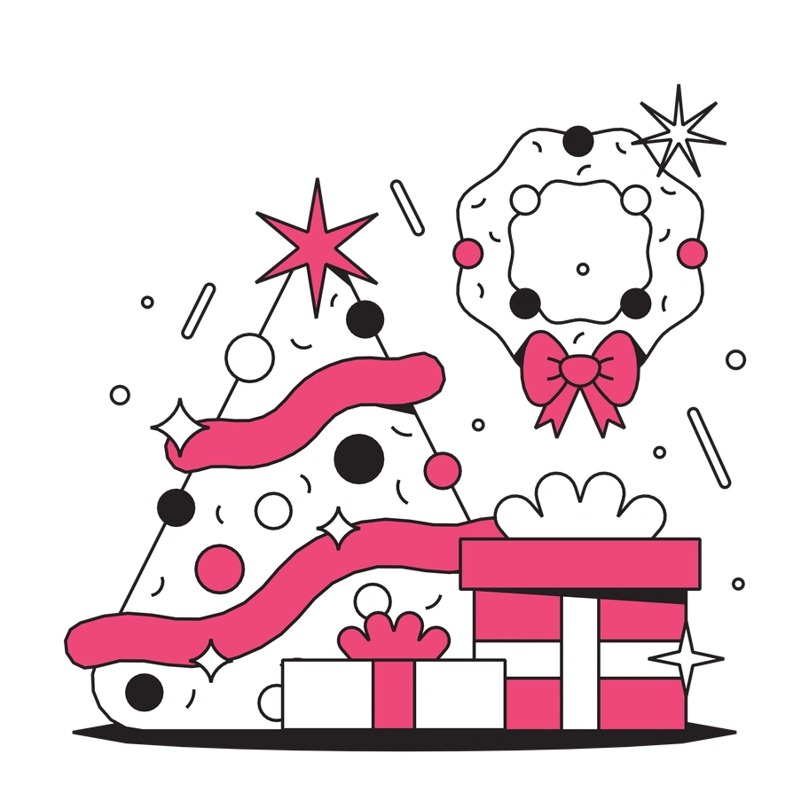 A decorated Christmas tree with gifts and wreath - Dazzle Line style illustration