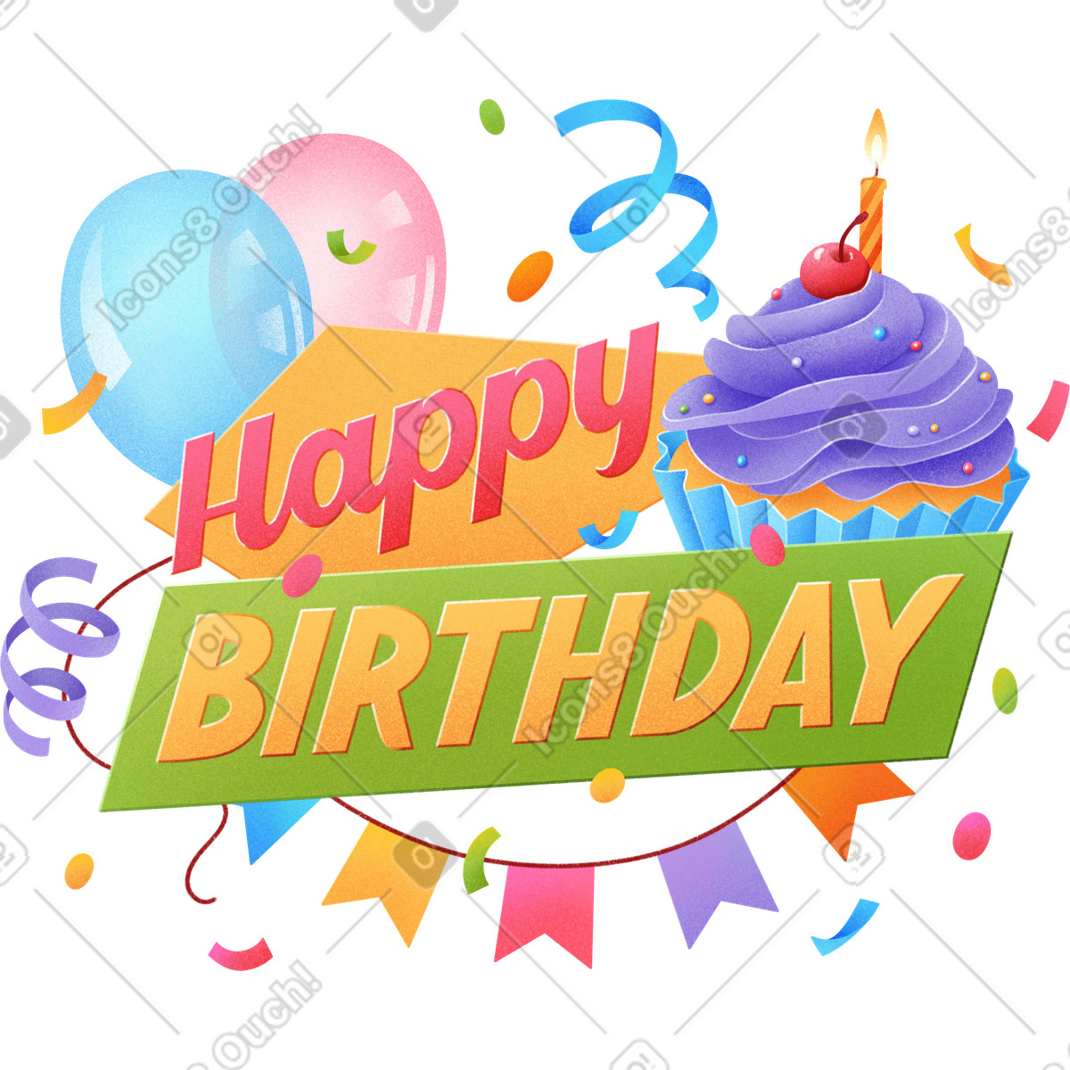 Ilustración Lettering Happy birthday with balloons, cupcake and confetti text en estilo a descargar en PNG y SVG