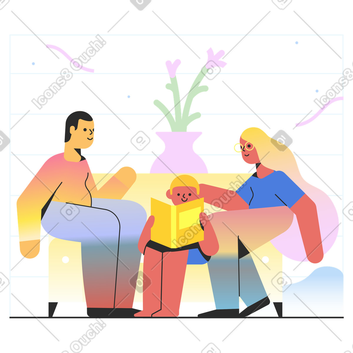 Parents reading book with a child illustration in Marginalia style download in PNG, SVG