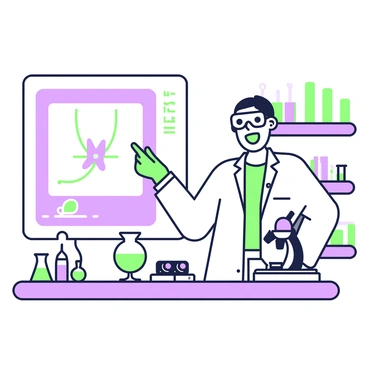 A scientist wearing a lab coat and safety goggles is standing at a laboratory workstation. The scientist has a look of excitement on their face, with wide eyes and a broad smile. They are pointing at a diagram of a magnetic monopole on a whiteboard, which has a clear illustration of the theoretical concept. On the table, there are various scientific instruments, such as a microscope and beakers filled with colorful liquids. In the background, shelves filled with books and equipment are visible, enhancing the laboratory atmosphere.
