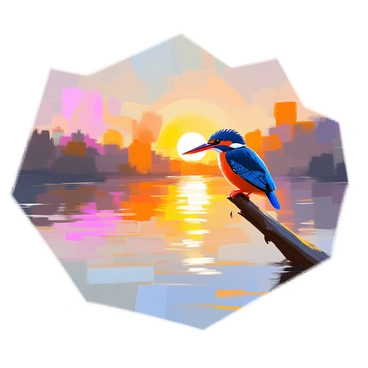 A kingfisher with vibrant blue and orange plumage perched on a slender branch. The bird is facing the viewer, its beak slightly open as it basks in the warm glow of the setting sun. The sun is low on the horizon, casting a golden light across the calm lake surface. The reflection of the colorful sky and the sun's rays shimmer on the water, creating a tranquil atmosphere. Soft ripples gently disturb the lake's surface, while silhouettes of distant trees frame the scene.