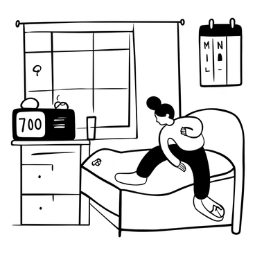 A person sitting on the edge of a bed, sheets pushed aside, looking at a digital alarm clock displaying the time "7:00 AM." The room is dimly lit with sunlight filtering through the curtains. A bedside table holds a tall glass of water and a pair of glasses. The person's silhouette is slightly hunched, conveying a sense of reluctance. A calendar on the wall shows "Monday" prominently marked. A pair of slippers is placed on the floor nearby.