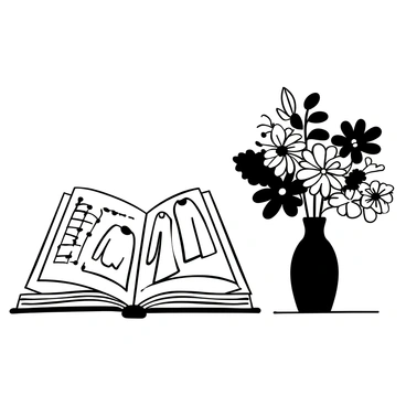 A fashion illustration book open on a wooden table, showcasing detailed sketches of clothing designs. The pages of the book are filled with intricate line drawings and patterns. Next to the book, there is a vase filled with various fresh flowers, displaying their distinct shapes and forms. The vase is simple in design, allowing the focus to remain on the vibrant flowers. The table surface has subtle textures, adding depth to the scene.