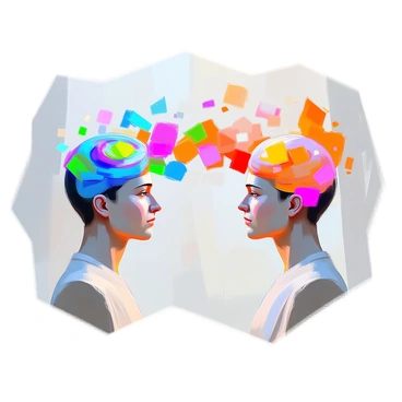 An abstract representation of the encoding and decoding process is depicted with vibrant, colorful shapes flowing and transforming between two distinct figures representing minds. The first figure on the left has a thoughtful expression, with swirling shapes of bright blues and greens emerging from its head, symbolizing the encoding of information. These shapes are angular and geometric, representing structured thoughts. 

As the colorful shapes travel across the space between the two figures, they morph into more fluid forms of reds, yellows, and purples, illustrating the transformation of encoded data. The second figure on the right, with an open and curious demeanor, receives these flowing shapes, which represent the decoding process. The shapes now take on softer curves, swirling around the head of the second figure as it absorbs the information.