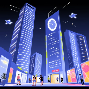 A futuristic cityscape featuring tall skyscrapers with sleek, angular designs. The buildings are adorned with bright blue neon lights that illuminate the night sky. Hovering vehicles zip through the air between the structures. On the ground, people in modern clothing walk along a bustling street lined with glowing advertising holograms. The atmosphere is lively, with vibrant colors reflecting off the glass surfaces of the buildings. A large digital clock is displayed prominently on one of the skyscrapers, adding to the high-tech environment.