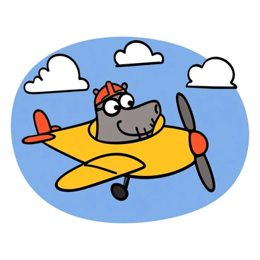 A hippopotamus with grey skin and big eyes is sitting in the cockpit of a small airplane. The airplane is colorful, with a bright yellow body and red wings. The hippopotamus is wearing a tiny pilot's hat and goggles, looking excited as it pilots the plane. The background features clear blue skies with a few fluffy white clouds, emphasizing the sense of adventure and flight.