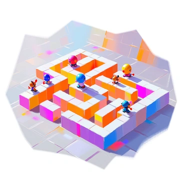 A pixelated digital game maze filled with vibrant blocks creating pathways and walls. The maze layout features a series of intricate twists and turns. Various retro characters can be seen navigating the maze, each designed with distinct pixel art styles. Some characters are chasing each other, while others are strategically avoiding obstacles. The background is a simple grid pattern, enhancing the focus on the maze and the characters within it. Bright colors dominate the scene, adding to the energetic feel of the game environment.