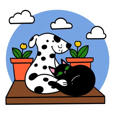 A dalmatian with black and white spots is sitting on a wooden porch, looking relaxed and content. Beside the dalmatian, a sleek black cat with bright green eyes is curled up comfortably. The sunlight casts warm rays over them, illuminating the porch adorned with potted plants and flowers. The background features a clear blue sky and a few fluffy white clouds. The two animals appear to be enjoying each other's company, embodying a sense of harmony.