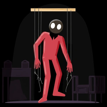 A puppet with "sinister eyes" made of glossy black material is suspended from a wooden crossbar. The puppet's body is painted in deep shades of red and brown, accentuating its eerie appearance. "Tangled strings" made of dark thread dangle loosely, intertwining around the puppet's limbs. The background is filled with shadows, creating a "darkened room" atmosphere, where faint silhouettes of old furniture can be seen lurking. Dim light casts eerie reflections on the puppet, enhancing its unsettling features.