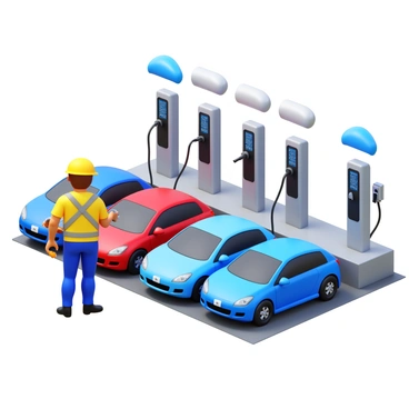 An engineer wearing a safety helmet and a reflective vest is installing charging units at an electric vehicle station. The engineer is holding tools in one hand while connecting the charging units to the electrical panel. Several electric vehicles are parked nearby, with some displaying charging cables plugged into the units. The station is equipped with multiple charging spots, and a clear sky is visible in the background.