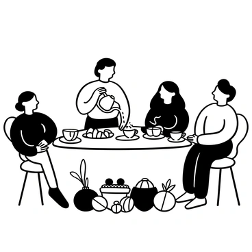 A person pouring tea from a teapot into delicate cups, positioned at the center. Guests are seated around a Haft-Sin table, which is adorned with traditional items such as apples, garlic, coins, and painted eggs. The table is filled with an assortment of treats, including pastries and sweets, creating a festive atmosphere. Decorative elements like flowers and candles are also present on the table, adding to the scene.