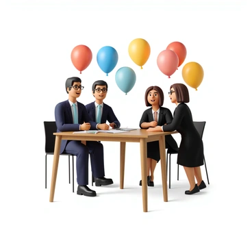 Two people, a man and a woman, are standing at a wooden table, both smiling as they sign a contract of indemnity. The man has short black hair and is wearing a navy suit with a white shirt and a light blue tie. The woman has long brown hair tied in a loose bun and is dressed in a professional black dress with a fitted silhouette. Behind them, colorful balloons in shades of red, blue, and yellow are floating in the air, adding a festive atmosphere to the scene. The setting is bright and cheerful, capturing the essence of a celebratory moment.