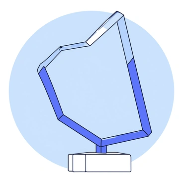 An outdoor sculpture featuring dynamic lines that create distinct angles of 2 degrees and 5 degrees. The sculpture is constructed from a smooth metallic material, reflecting sunlight with a shiny finish. The angles formed by the lines give the piece a sense of movement and energy, while its overall structure presents an abstract shape. The sculpture stands on a simple white pedestal, set against a clear blue sky.