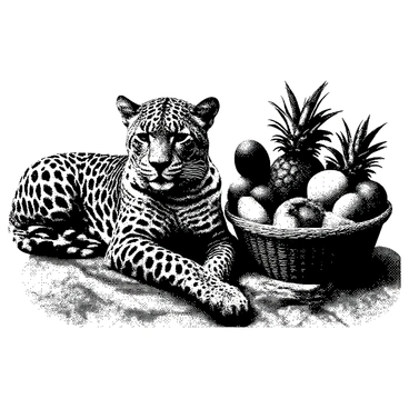 A leopard is reclining next to a woven basket filled with various tropical fruits. The leopard's fur has distinct patterns, accentuating its wild nature. The basket is overflowing with fruits such as pineapples, bananas, and mangoes, each with distinct shapes and textures. The scene is arranged on a rustic wooden table, creating a warm and inviting atmosphere. The composition highlights the contrast between the graceful form of the leopard and the abundant, colorful fruits.
