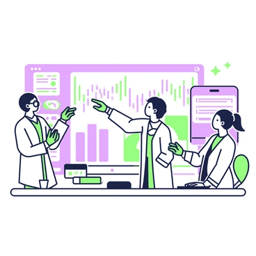 A group of three scientists is engaged in analyzing data within a futuristic research lab. The room is filled with large screens displaying complex data visualizations, including charts and graphs. One scientist, wearing a lab coat and glasses, is pointing towards a screen with a fluctuating line graph. Another scientist, with long hair tied back, is typing on a sleek keyboard, while the third, who has a short beard, is observing the data on a different screen. The lab is filled with advanced technology, including AI systems and digital interfaces. The atmosphere is busy and focused, highlighting the interaction between the scientists and the data presented on the screens.