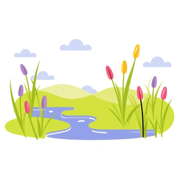 A vibrant scene of "wildflowers" in various colors, including purple, yellow, and red, scattered across a lush green landscape. "Reeds" stand tall and slender, their tops swaying gently in a light breeze. The wetland glistens with reflections of the sun, with patches of "water" visible between the plants. In the background, a soft blue sky is dotted with fluffy white clouds, completing the tranquil setting.