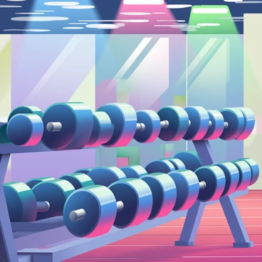 A gym room is filled with various dumbbells arranged neatly on a rack. The walls are adorned with neon lights in vibrant colors, including blue, pink, and green, creating a lively atmosphere. The bright neon lights cast colorful reflections on the polished surfaces of the dumbbells, enhancing their metallic shine. In the background, there are large mirrors reflecting the neon hues and the gym equipment, adding depth to the scene. The wooden floor reflects the shimmering colors, contributing to the dynamic energy of the gym environment.