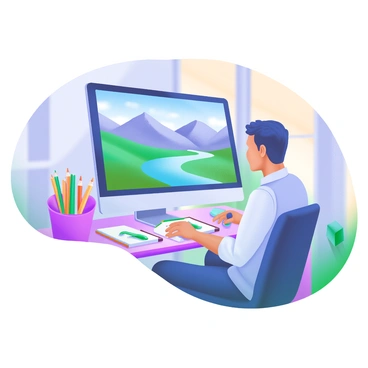 A modern pastel illustration depicting a digital artist sitting at a sleek computer desk. The artist is focused on a vibrant landscape being created on the screen, showcasing majestic mountains in soft hues of blue and green, flowing rivers with gentle curves in shades of turquoise. The workspace is adorned with art supplies, including colored pencils and a sketchbook, and the background features a cozy room with warm light filtering through a window.