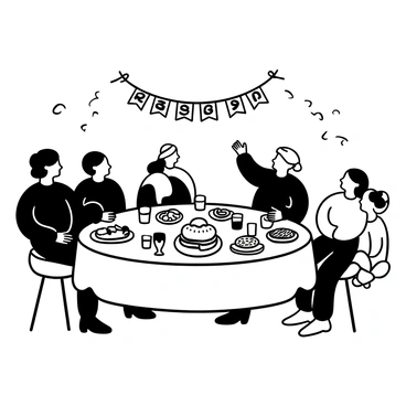 A large round table is filled with various dishes, with people of all ages seated around it. An elderly man is gesturing animatedly while telling a story, and a child is leaning in closely, captivated. On the table, there are plates of food, glasses filled with drinks, and a basket of bread. A few people are laughing, with their bodies leaning slightly forward, engaged in the conversation. In the background, there are decorations such as streamers and a banner that reads "Community Gathering" hanging overhead.