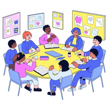 A classroom filled with students collaborating on a group project. Several students are sitting around a large table covered with various art supplies, including colored markers, glue sticks, and sheets of colored paper. Some students are writing notes while others are sketching ideas for their project. Books are scattered on the table, open to pages with illustrations and text. The walls of the classroom are adorned with colorful posters, creating a vibrant and engaging learning environment.