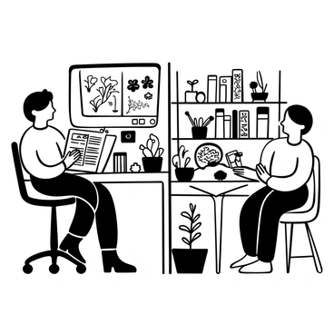A split illustration depicting a scientific illustrator in two segments. On the left side, the illustrator is seated at a modern desk with a digital tablet, creating detailed scientific illustrations of plants and animals. Various digital tools, such as a stylus and software interface, are visible on the screen. On the right side, the same illustrator is using traditional painting techniques, surrounded by brushes, watercolor paints, and sheets of paper. A variety of finished artwork, showcasing biological subjects, is displayed on the table. The background features bookshelves filled with reference materials and nature guides.