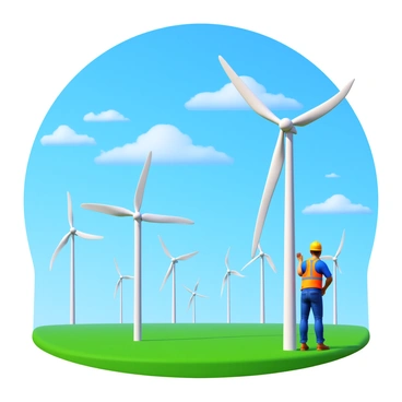 A vast field filled with multiple wind turbines turning gracefully in the wind. Each turbine is tall, with large white blades rotating smoothly. The engineer, dressed in safety gear including a hard hat and high-visibility vest, is inspecting one of the turbines closely. The engineer is positioned at the base of a turbine, looking up at the blades as they spin. The sky is bright blue with a few fluffy clouds, creating an ideal setting for renewable energy generation.