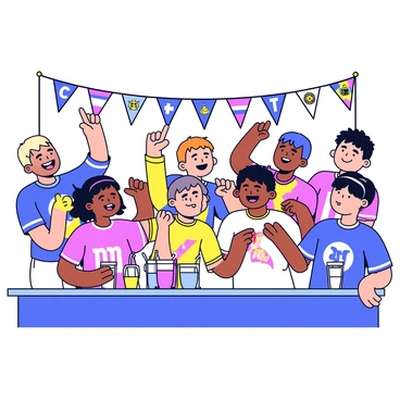 A sports tournament scene featuring a bar filled with enthusiastic fans. The bar is decorated with banners and flags representing different teams. Several fans are painted in vibrant colors, displaying their team pride on their faces and arms. The fans are wearing team jerseys and waving foam fingers. The atmosphere is animated, with some fans cheering while others are engaged in conversations. Drinks are placed on the bar, adding to the lively environment.