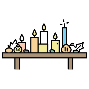 A minimalistic altar is positioned on a wooden table. The altar is adorned with several candles of varying heights, some lit and casting gentle light. Crystals in shades of orange, brown, and green are scattered artfully around the candles. Surrounding the altar are autumn elements, such as small pumpkins, acorns, and dried leaves, creating a seasonal ambiance. The overall arrangement is harmonious and inviting, showcasing the essence of Mabon.