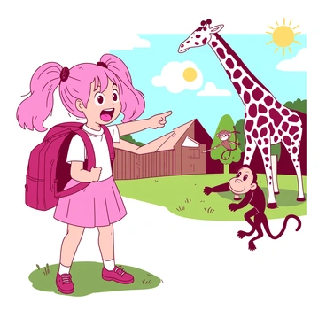 A pink school girl with bright, cheerful pigtails is wearing a colorful uniform and a large backpack. She is standing on a grassy area of the zoo, looking excited as she points towards a group of animals. Her eyes are wide with joy, and her mouth is open in a big smile. In the background, there are several animals including a tall giraffe stretching its neck and a playful monkey swinging on a branch. The sun is shining brightly, creating a vibrant atmosphere around her.