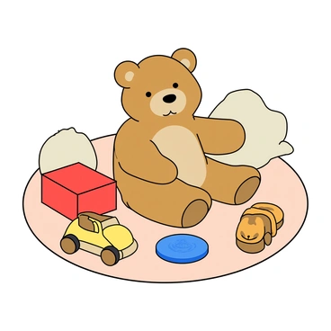 A small, fluffy baby bear with light brown fur is sitting on a soft, pastel-colored rug. The bear is focused on a set of colorful wooden toys scattered around it. One of the toys is a bright red block, while another is a yellow car. The bear is gently nudging a blue circular toy with its paw. Its big, round eyes express curiosity and joy. The surrounding area has a few plush cushions in various shapes and colors, adding a cozy feel to the scene.