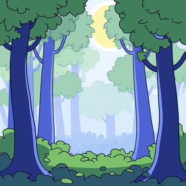 A dense forest with tall trees covered in rich green foliage. The ground is blanketed with soft moss and fallen leaves. A thick layer of fog envelops the forest, creating a sense of mystery. Subtle hints of ethereal figures can be seen among the trees, with soft glowing outlines suggesting their presence. Sunlight filters through the fog, casting gentle rays that illuminate parts of the forest floor.