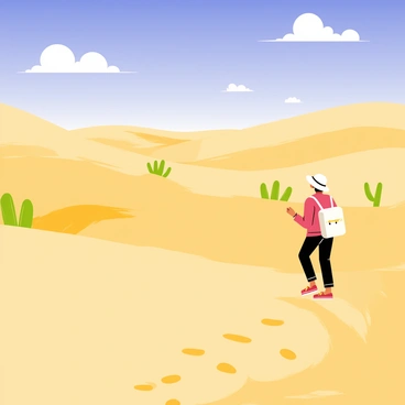 A lone traveler wearing a wide-brimmed hat is walking through an endless desert landscape. The traveler has a light-colored backpack slung over one shoulder. The sand dunes rise and fall, casting long shadows under a bright sun. Sparse patches of green cactus and dry shrubs are scattered throughout the golden sand. The sky is a brilliant blue with scattered white clouds. Footprints are left in the sand, leading away from the viewer, emphasizing the vastness of the surroundings.